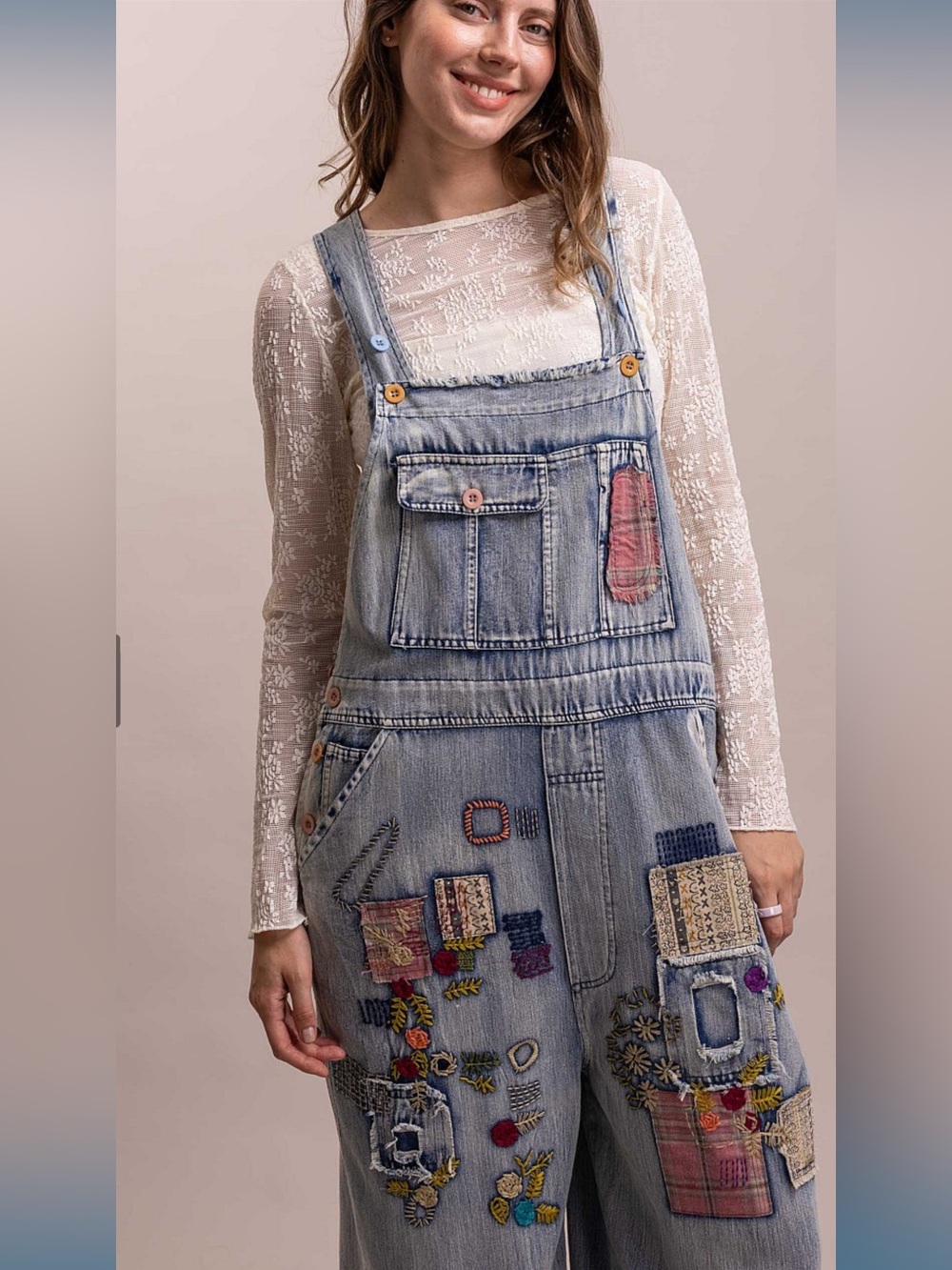 Wash Denim Patchwork Women's Wide-Leg Jeans Overalls - Picture 7 of 13